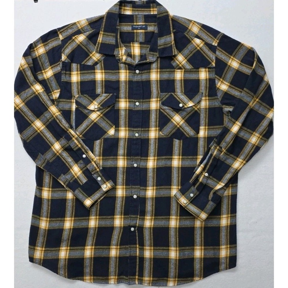 Pashartuk Men's Shirt Long Sleeve XL Plaid Western Flannel Pearl Snap Cowboy